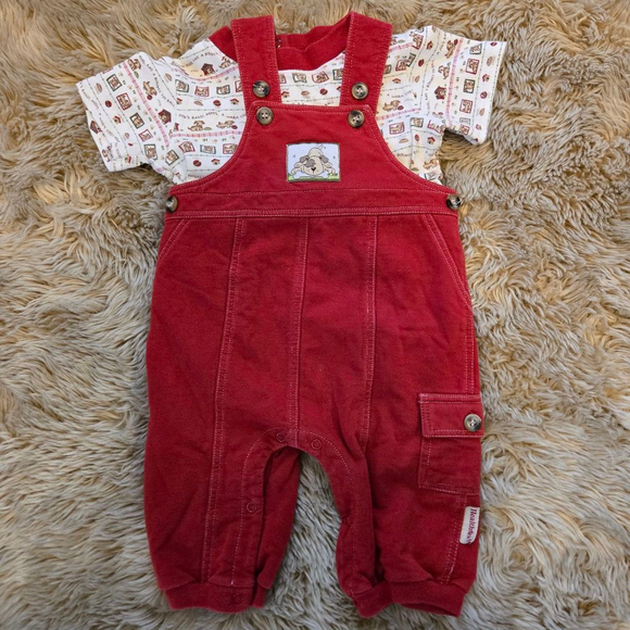 Vintage Two Piece Health Tex Baby Boys Red Puppy Dog Bodysuit Overalls set - Picture 1 of 6